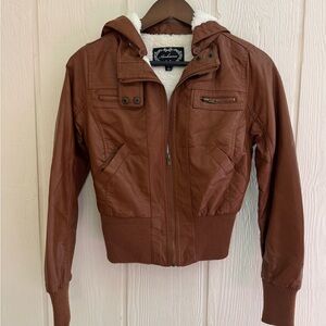 Ambiance Chestnut Brown Faux Leather Hooded Bomber Jacket